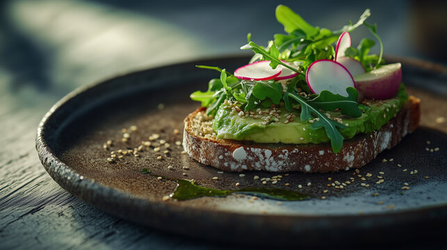 Photograph of a beautifully arranged avocado toast on whole-grain bread, topped with radish slices, arugula, and a sprinkle of sesame seeds.