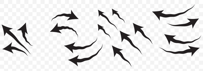 Air flow arrows set. Set of blue arrow showing wind air flow. Vector set of air flow arrows. Blue air flow arrows showing wind circulation and ventilation. Set of blue arrows showing cold air