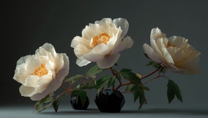 Three pale yellow-cream peonies in dark background