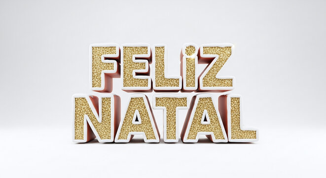 Close up of feliz natal message with gold glitter letters on a white background studio shot
