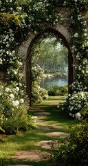 Obraz premium A stone archway, overgrown with white flowers, leads to a serene garden and lake beyond