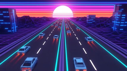 Retro Futuristic Neon Highway Race with Sunset and Cityscape in Synthwave Style. - Powered by Adobe