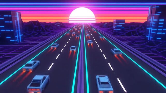Retro Futuristic Neon Highway Race with Sunset and Cityscape in Synthwave Style. - Powered by Adobe