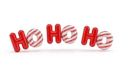 A festive arrangement of red and candy cane striped ho ho ho letters on a white background