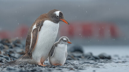 Obraz premium Adult Gentoo Penguin feeding its chick with krill in the Antarctic Peninsula, Antarctica