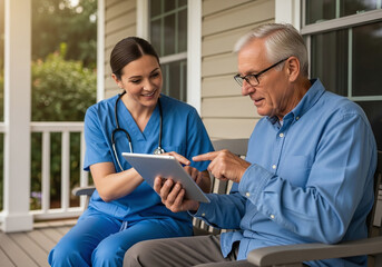 Fototapeta premium A nurse showing a tablet to an elderly man on a porch with white railings and a light colored house