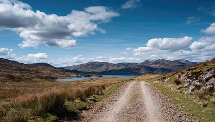 Scenic dirt road winding through a Scottish valley, leading to a loch.  Vast open spaces and rolling hills.  Clear blue sky with puffy white clouds.  A peaceful and tranquil scene