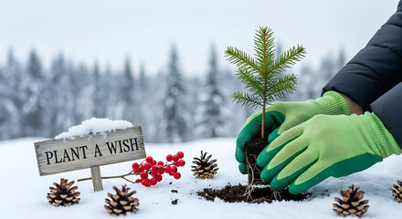 A person in green gloves carefully plants a small fir sapling in the snow next to a wooden sign reading Plant a Wish and festive decorations.