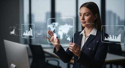 Businesswoman interacts with holographic interface displaying world map and graph data in a modern office