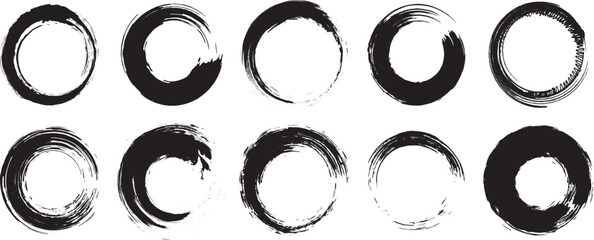 Abstract grunge enso circles with bold ink brush textures, Japanese art style inspiration, symbolic imperfect loops, and meditative round strokes for design and graphics.