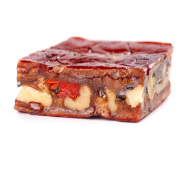 Fresh Date Nut Bar with Dried Fruits and Nuts on White Background - Delicious Healthy Confection