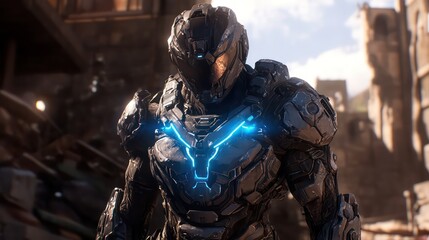 Armored warrior with glowing eyes in rain, cinematic 3D concept art.
