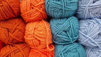 Close-up image showing multiple balls of yarn in shades of orange and blue. The yarn is textured and appears to be wool or a similar fiber. The balls are arranged in a grid pattern