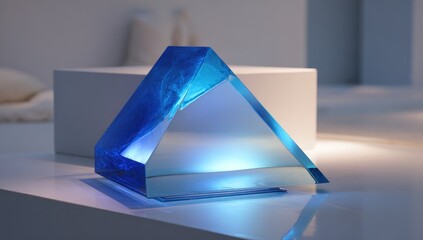 Abstract geometric art piece.  A vibrant, translucent blue triangular prism sits on a white surface.  Soft, ambient light illuminates the piece.  Surrounding it are simple white display platforms