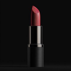 Obraz premium Close-up of a dark burgundy lipstick against a black background. The lipstick's cap and body are matte black. A glossy, burgundy color is visible on the lipstick's tip
