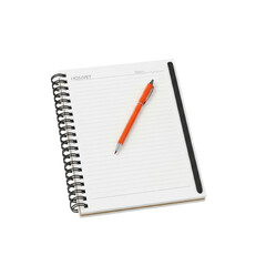 Spiral notebook open with orange pencil lying on blank white paper page isolated on black transparent background