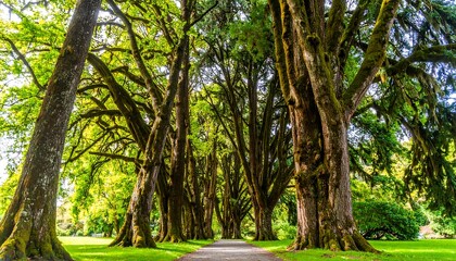 Fototapeta premium A sun-drenched pathway lined with tall, ancient trees, displaying rich textures and vibrant green foliage, creating a serene and peaceful atmosphere.