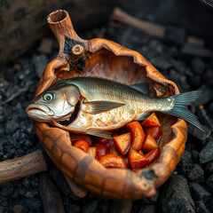 Obraz premium Mozambican Peixe Fumado. kingfish smoked in baobab bark shells, mahogany-colored flesh peeling away, coastal smoke pit