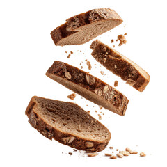 Cutting slices of dark rye cereal bread with crumbs flying isolated [Transparent Background PNG].