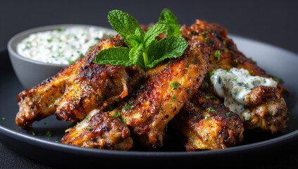 Crispy, spiced chicken wings piled high on a dark plate, garnished with fresh mint and a side of vibrant yogurt dip