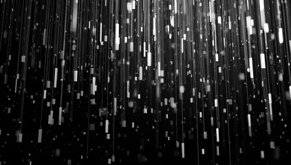 Abstract grayscale image of numerous thin, vertical lines cascading downwards, 
