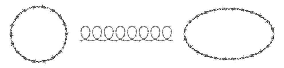 Barbed wire elements are arranged in circle, ellipse, and straight line shapes, offering versatile design assets for diverse graphic projects.