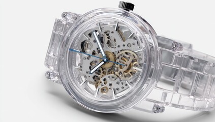 Transparent watch with visible movement.  Clear plastic case and strap.  Clean, modern design