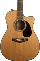 Fototapeta premium The illustration depicts a natural wooden acoustic guitar with a glossy finish, metal fretboard, rounded sound hole, six strings, dark pickguard, and silver tuning pegs, showcasing the wood's natural 