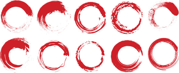Textured brush circle collection in red and black enso style, offering artistic rings, abstract zen loops, Japanese cultural symbols, and spiritual meditation inspired designs.