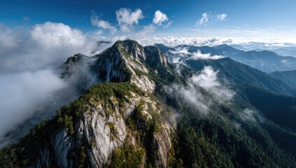 Majestic mountain range shrouded in mist. Vast, rocky peaks rise above a sea of clouds, forested slopes descend into valleys. Sunlight illuminates the scene