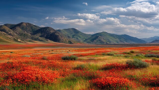 Vast expanse of vibrant red wildflowers in a valley, framed by rugged mountains under a partly cloudy sky - Powered by Adobe