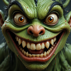 Naklejka premium Close-up of a Grinning, Crazy, Cartoonish Monster Face with Bug Eyes, Teeth, and Drool, Humorous