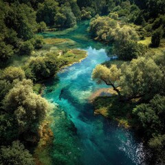 Serene river winding through lush forest, vibrant turquoise water