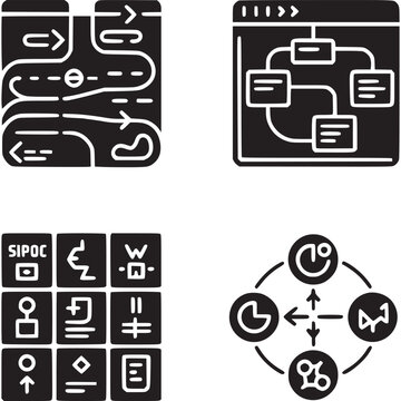 Art of set of four black and white icons illustrating business process concepts like workflow, project management, sipoc analysis, and continuous improvement cycles