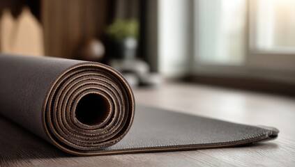 Rolled yoga mat on wooden floor (2)