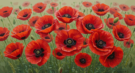 Vibrant red poppies in full bloom against a lush green background