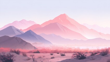 Pastel desert mountainscape.  Soft, muted colors of pink, purple, and blue depict a distant mountain range.  Dry desert landscape of low brush and sand stretches into the foreground