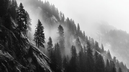 Misty mountainside, dark trees, rocky slope