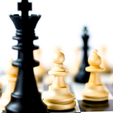 Selective focus of black chess king with topple white chess king on isolated white background for kingmaker concept.