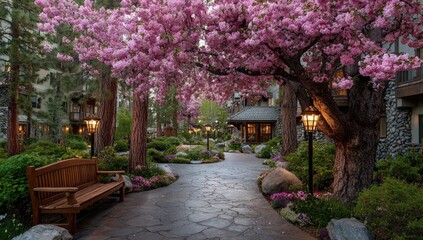 Springtime path lined with cherry blossoms and stone. Tranquil garden walkway with bench
