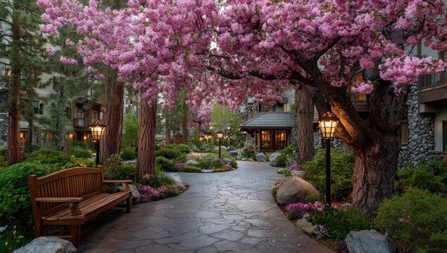 Springtime path lined with cherry blossoms and stone. Tranquil garden walkway with bench
