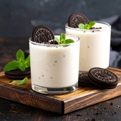 Creamy, cool dessert drinks topped with chocolate cookies and mint leaves