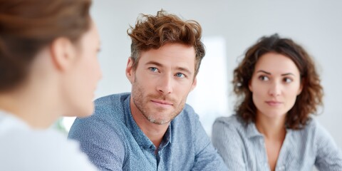 Obraz premium Man with a beard and blue shirt is sitting in front of two women