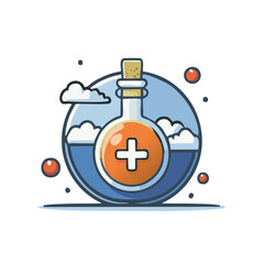 Obraz premium Cartoon Style Magic Potion with Plus Sign, Liquid in Round Bottle, Cloud and Medicine Concept