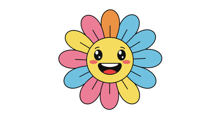 Happy cartoon sunflower with colorful petals and cute face on white background