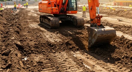 Fototapeta premium A mechanical excavator arm penetrates ground layers with strength and power.