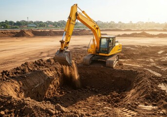 A powerful excavator scoops into the ground, standing out against brown earth.