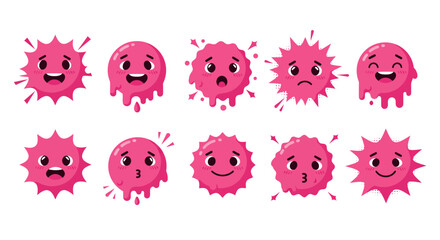 Cute pink virus characters with various expressive faces for health and safety themes