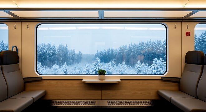 Minimalist train interior, wide window, snow-covered pine forest outside