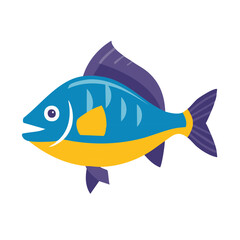 Cartoon Blue and Yellow Fish Swimming with Open Mouth and Tail Fins